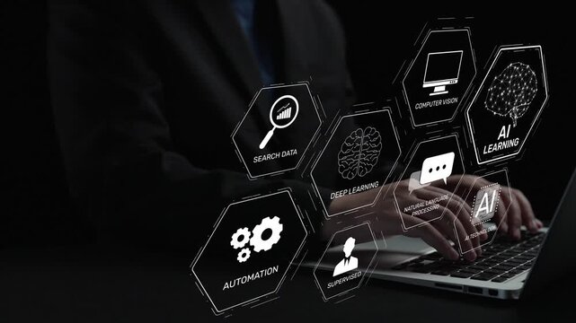 AI learning system involves deep learning, supervised machine learning, and natural language processing. AI learning diagram shows how AI advances learn in automation and data processing. Muxer