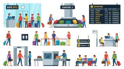 Obraz premium Airport Terminal Vector Illustration Set with Passengers, Security Check, Baggage Claim and Boarding Gate Scenes