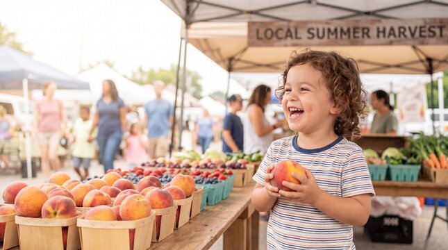Smiling toddler is holding a fresh peach at a farmers market table for local summer produce and family lifestyle ads