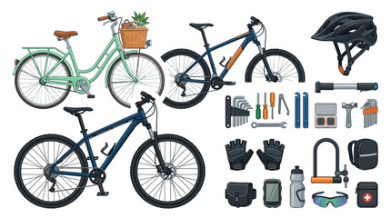 Naklejka premium Bicycle and Cycling Accessories Set with Mountain and City Bikes