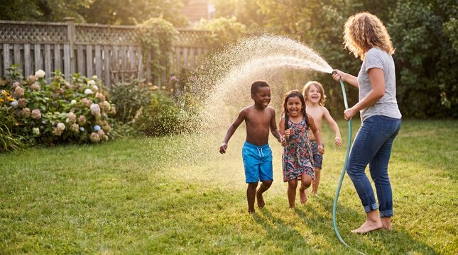 Parent is creating a water arc with a garden hose as laughing children run through the spray in a sunny backyard