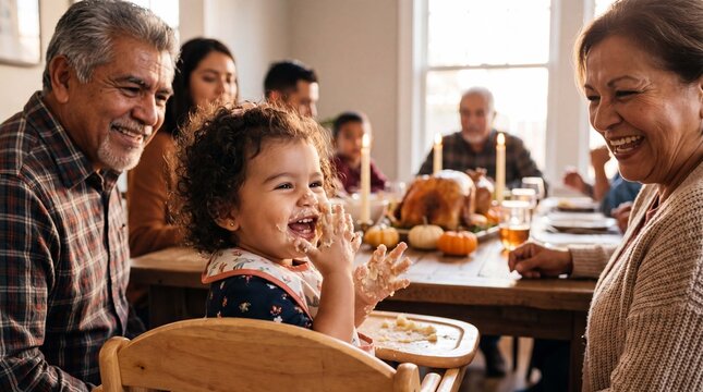 Thanksgiving family holiday autumn celebration features toddler hands in mashed potatoes at dinner table with grandparents for festive family advertising