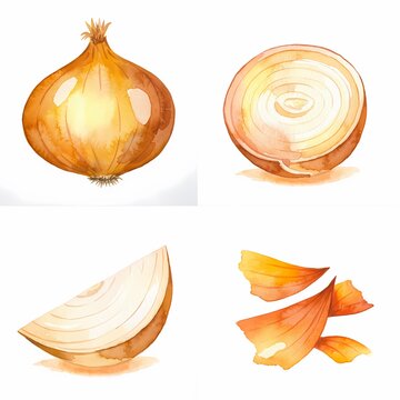 Watercolor illustrations showing a whole onion a halved onion a wedge and loose brown onion skins on white
