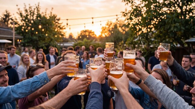 Group are raising beer glasses in a sunset backyard toast, warm summer celebration and cheerful friendship for promotional marketing copyspace