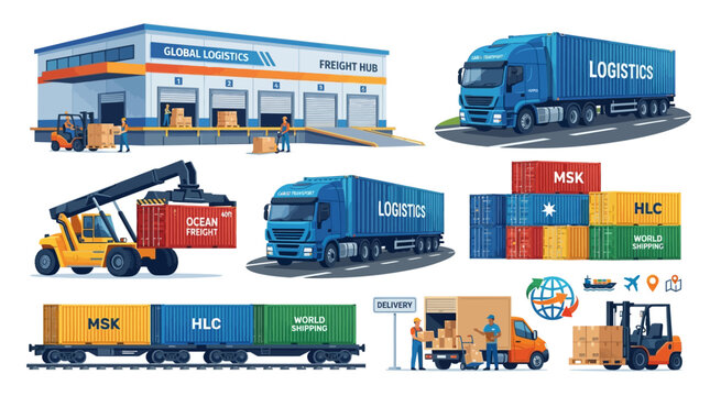 Logistics and freight transportation icons with warehouse, delivery trucks, cargo train, and container loaders
