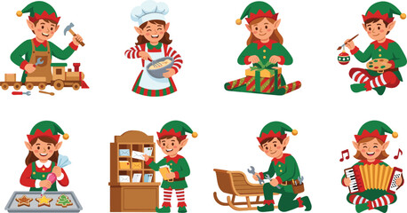 Fototapeta premium Christmas elves working at Santa's workshop set, cute holiday characters doing various activities and tasks illustration