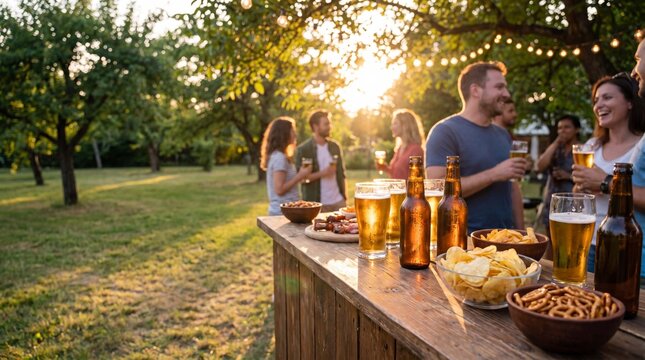 Summer backyard bar setup with beer glasses, bottles, chips and barbecue snacks in warm evening light is ideal for festive event promotion backgrounds