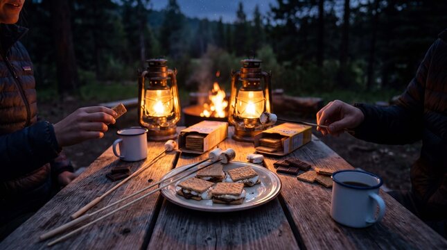 A rustic wooden camping table at night displays smores, roasting sticks, marshmallows, chocolate and enamel mugs by lantern light for lifestyle marketing