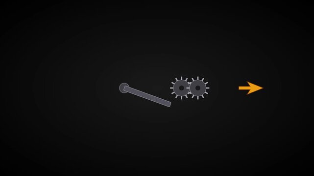 Mechanical gear system animation with rotating cogs and directional arrow for engineering and industrial process concepts 4k