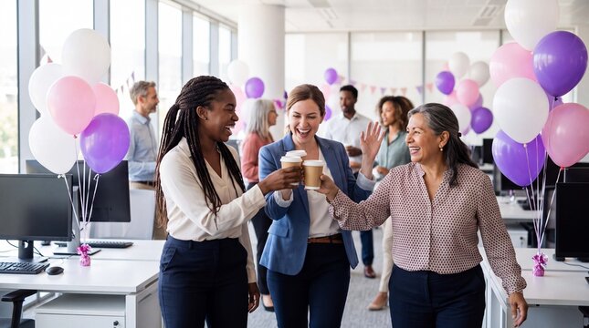 Women Equity Day celebration shows supportive coworkers laughing and bonding during an office party