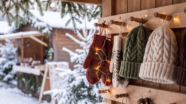 Winter holiday mittens and woolen hats hang at a snowy market stall with festive lights for marketing