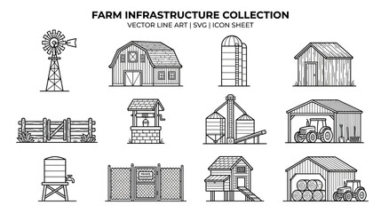 Farm Infrastructure Vector Line Art Collection © hana