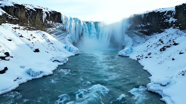 Powerful frozen waterfall flowing water amidst snowy cliffs and icicles, bright sun flare behind cascading water, majestic winter landscape, glacial river motion