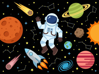 Cartoon Astronaut in Outer Space with Planets Rocket and Stars Vector Illustration © Ummami