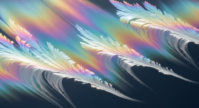 Macro view of iridescent ice crystals forming intricate patterns