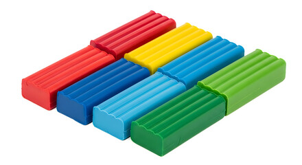 Fototapeta premium Colorful plasticine modeling clay sticks arranged in neat rows on white background.