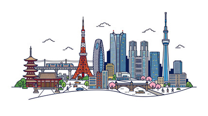 Obraz premium Vibrant Cityscape Skyline with Landmarks and Nature Elements