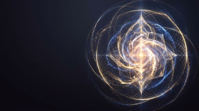 Glowing golden sphere with cosmic energy spiral on dark background