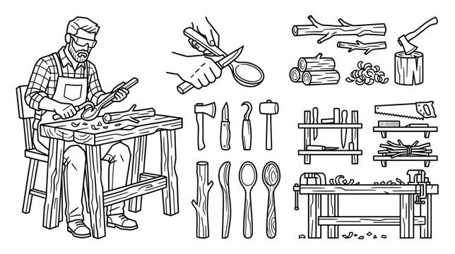 Woodworker Carving Wood Objects with Tools
