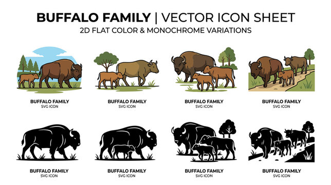 Buffalo Family Vector Icons Set