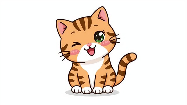 Cute pixel art tabby kitten waving hello, adorable cartoon animal character, children's illustration, playful and friendly animation