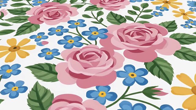 pixelated floral pattern with pink roses yellow daisies blue forget-me-nots and green leaves, seamless motion graphic