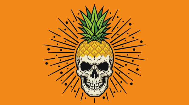 Pineapple Skull Hybrid Illustration with Sunburst Graphic on Orange Background