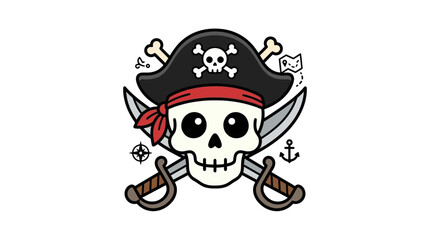 Obraz premium Cartoon Pirate Skull with Crossed Swords and Hat