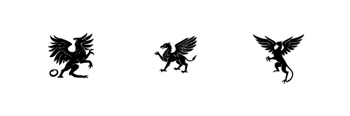 Fototapeta premium Griffin set with solid black silhouette on white background featuring mythological creature, heraldic style, 2D vector with emblem and crest