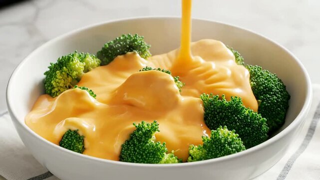 Steamed Broccoli Topped With Creamy Cheese Sauce In A White Bowl On A Light Marble Countertop