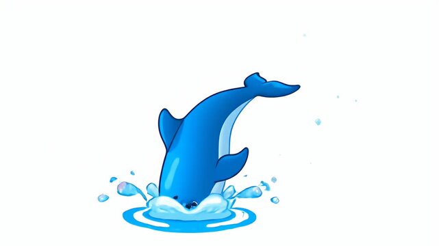 Animated blue dolphin leaping from water with bubbles, cartoon style motion graphic, playful marine life