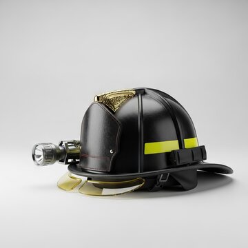 Professional black firefighter helmet featuring a side mounted flashlight on a white surface, durable gear for emergency rescue operations, equipment, responder, isolated