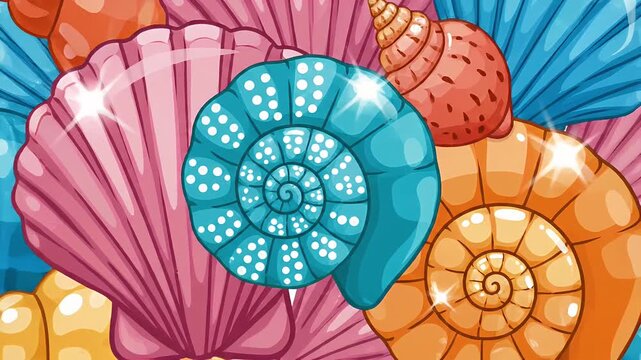 Seamless pattern of colorful seashells and scallops, ocean life, underwater, summer beach, cartoon style