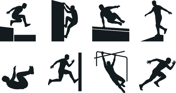 Parkour Athlete Silhouette Set Featuring Freerunning Obstacle Course and Urban Fitness Action Poses