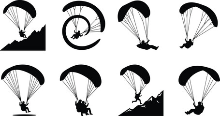 Paragliding Silhouette Collection with Solo Tandem Mountain Launch and Adventure Flight Vector Set © AlRafin