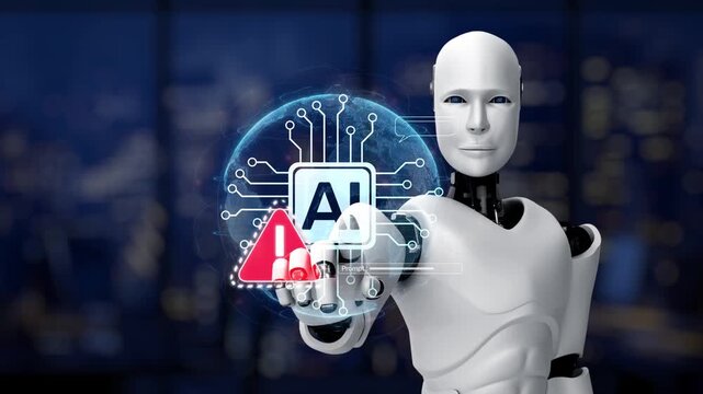 A humanoid robot engages with a high-tech digital interface, showcasing AI features, alerts, and communication elements in a sleek urban environment. Synapse