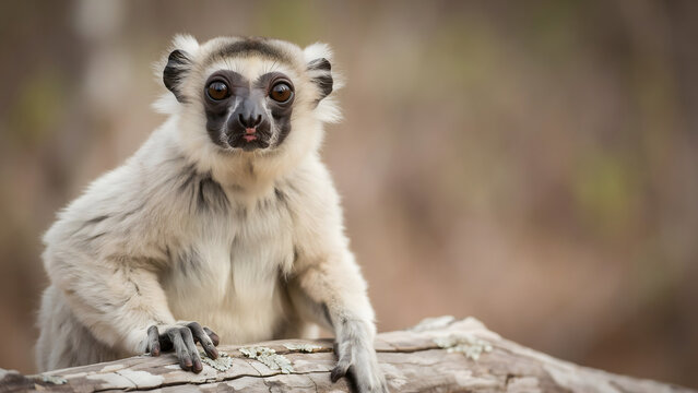 Curious lemur sitting on a log in natural habitat displaying unique features and expressions with soft fur and alert eyes capturing the essence of wildlife and animal behavior in a serene environment