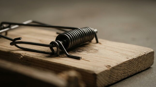 Traditional wooden mouse trap with metal spring mechanism.