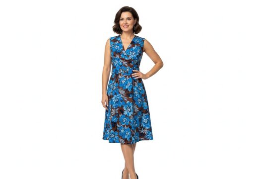 Woman in colorful pixel dress standing confidently