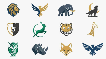 Sleek Animal Mascot Logos Collection Featuring Stylish Lion Phoenix Elephant Wolf Bear Dragon Tiger Giraffe Owl Rhino Fox Eagle Icons in Bold Colors © Maura