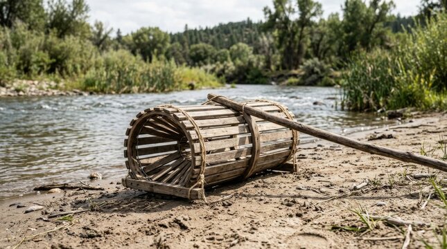 Wooden fish trap lying on a river bank in nature.