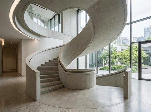 Elegant Curved Concrete Staircase with Natural Light in Modern Architecture