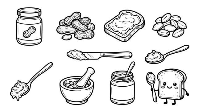 Peanut Butter Icon Set with Jar Bread Peanuts Spoon and Spread Vector Outline Illustration Isolated on White Background