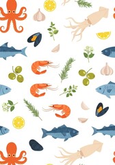 Naklejka premium Seamless Vector Pattern of Fresh Seafood and Mediterranean Ingredients like Fish, Shrimp, Octopus, and Herbs