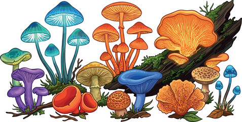 Bioluminescent and Colorful Forest Mushroom Vector Set Featuring Glowing Neon Fungi, Magic Shrooms, and Toadstools on Rotten Wood Logs for Fantasy Botanical Designs © Kuddus