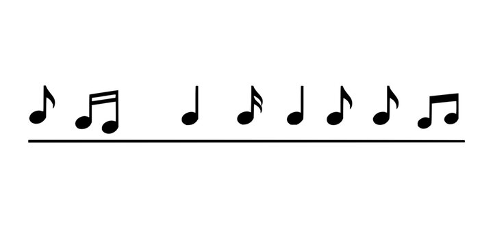 Set of five black musical notes arranged horizontally against a plain white background, rendered in a minimalist vector illustration style. The notes vary in shape and size, including quarter notes...