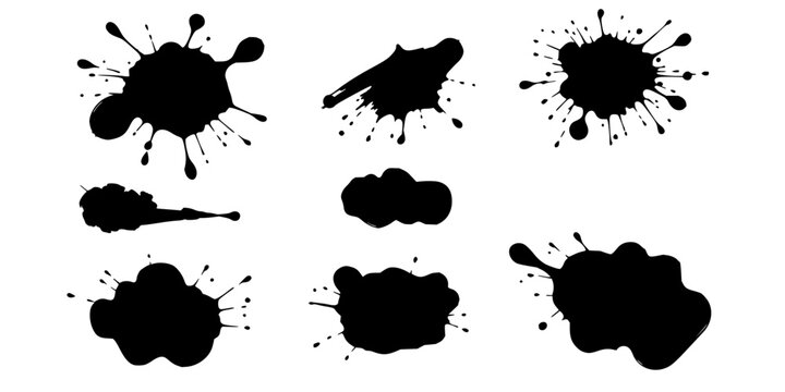 Ink splatter set with six irregular black marks arranged in a 2x3 grid on white background featuring black and white, line art, minimalist with high-contrast and dynamic