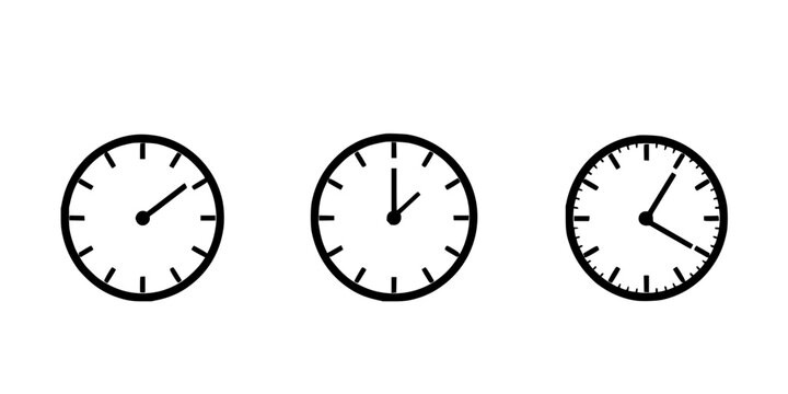 Clock icons set with three minimalist vector illustrations in a row, featuring analog clock, digital clock, 24-hour analog clock with black and white palette and clean line design