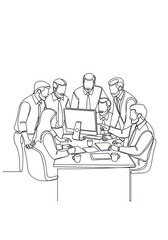 Obraz premium Continuous Line Drawing of Business Team Meeting and Collaborating Around a Computer in Modern Office Workspace