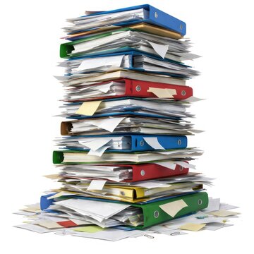 Stack of colorful binders overflowing with papers.